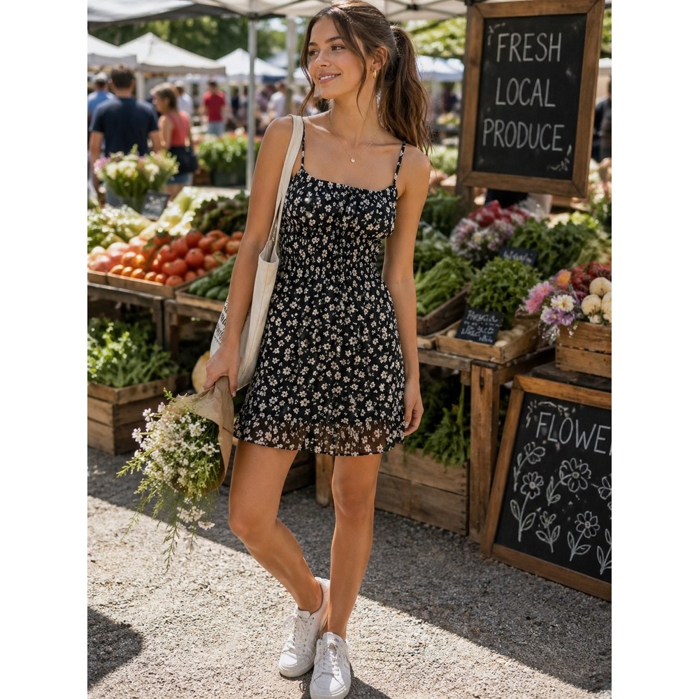 Urban Outfitters Black Daisy Floral Smocked Mini Dress Ruffle Hem Size M FD5532 - Picture 1 of 15